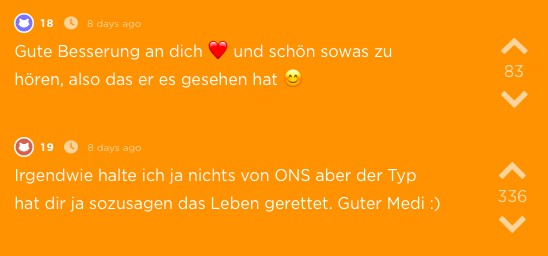 Auf dem Bild sind Kommentare in einem sozialen Medium zu sehen, die einer Person Gute Besserung wünschen und positiv über eine andere Person sprechen.