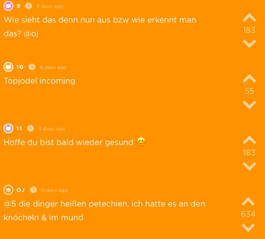 Auf dem Bild sind Textnachrichten oder Kommentare auf einem orangefarbenen Hintergrund zu sehen.