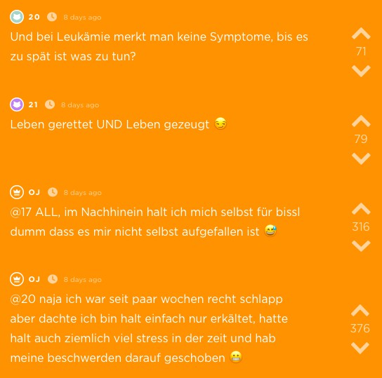 Das Bild zeigt einen Screenshot eines Online-Diskussionsforums mit verschiedenen Kommentaren zu Themen wie Leukämie und persönlichen Erfahrungen.