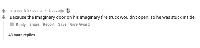 Das Bild zeigt einen Kommentar, der sich humorvoll mit einer imaginären Situation zu einem Feuerwehrtruck beschäftigt.