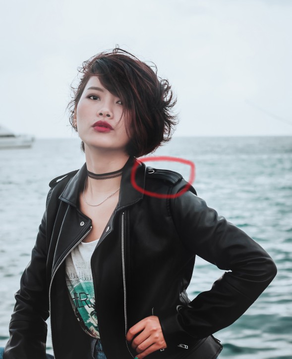 Frau, schwarze jacke, asiatin