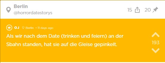 OJ schreibt bei Jodel, dass er bei einem Date war und seine Freundin auf die Gleise gepinkelt hat.