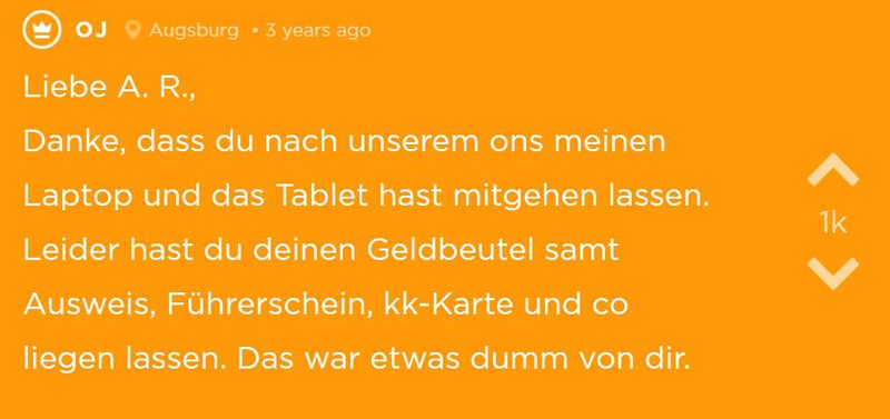 Jodel eines Mannes, der von seinem ONS beklaut wurde