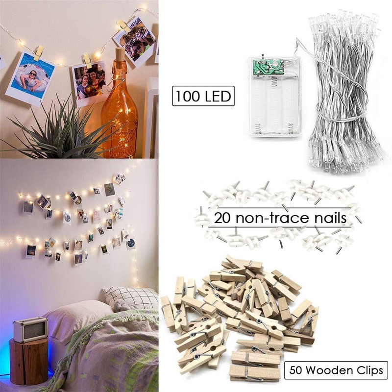 Man sieht eine Lichterkette mit Fotos, ein ideales Geschenk für Weihnachten