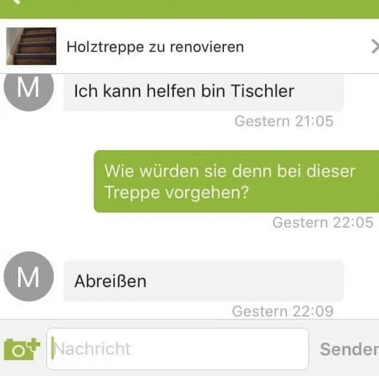 Man sieht einen Chat, in dem der Käufer einen total banalen Ratschlag gibt