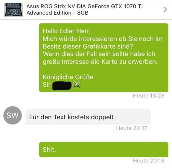 Man sieht auf eBay einen Chat, in dem ein Mann bestraft wird weil er zu höflich war