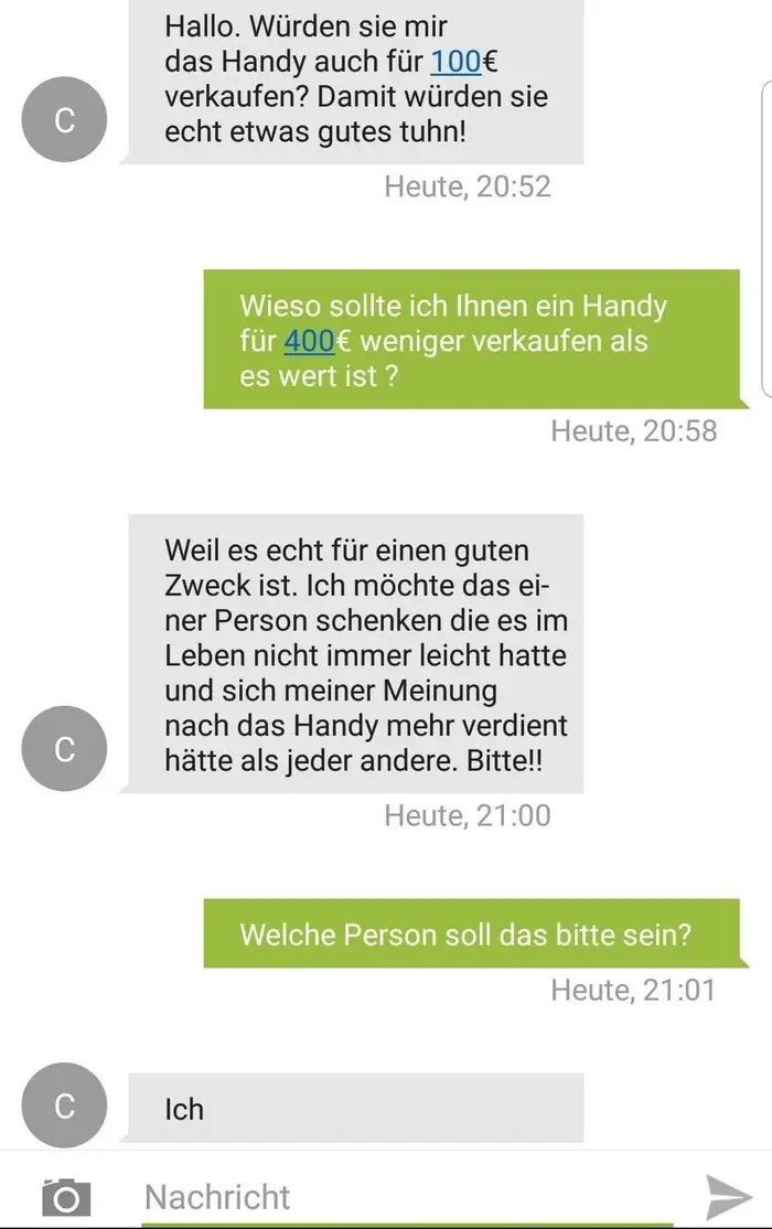 Man erkennt einen Chat, in dem ein vermeintlicher Wohltäter ein Handy für sich selbst rausschlagen will