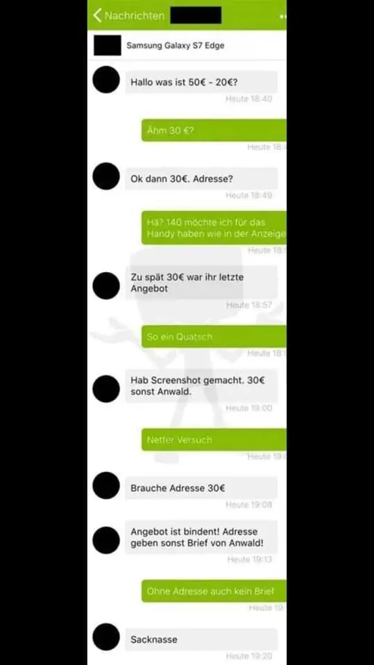 Man sieht einen Chat, in dem der junge Herr auf eBay geschickt eine Taktik anwendet aber am Ende mit seinem Anwalt droht