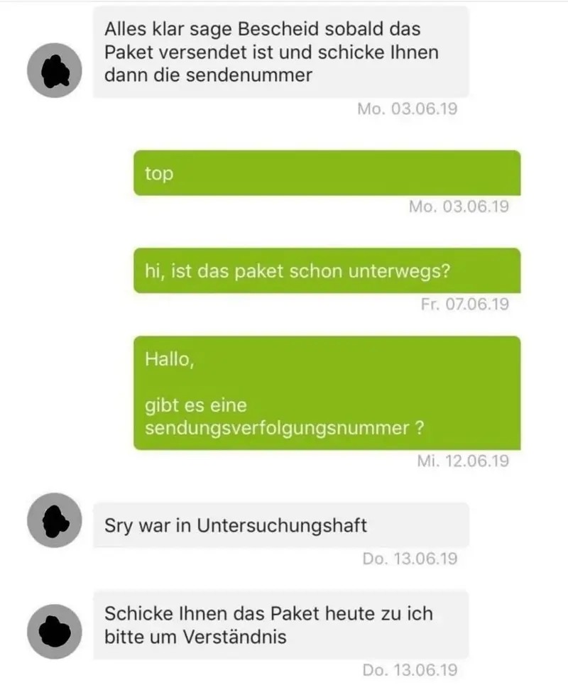 Man sieht einen Chat, in dem der Deal gescheitert ist, weil der Verkäufer von eBay in Untersuchungshaft war