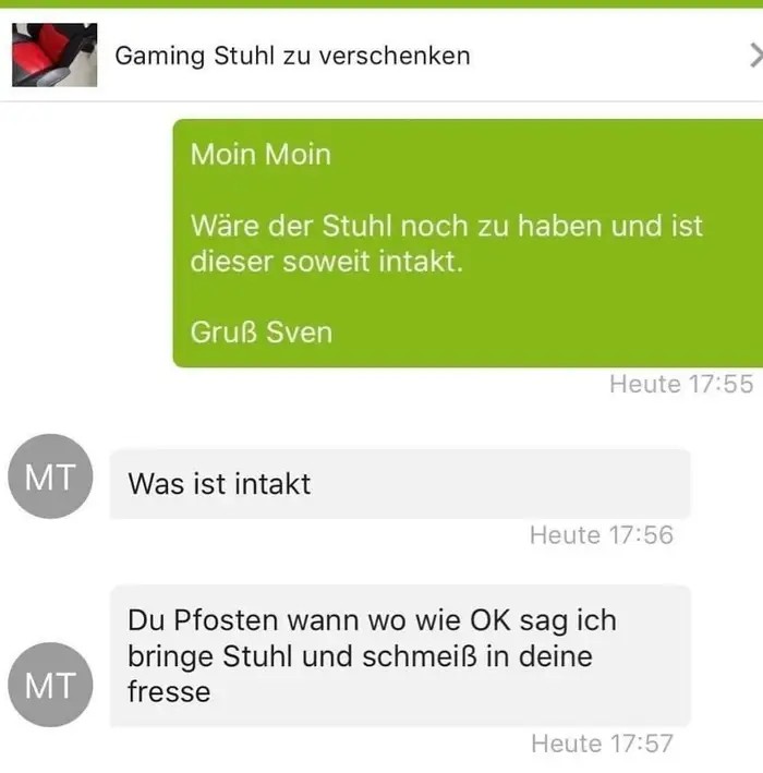 Man sieht einen Chat auf eBay, in dem ein Typ völlig übertrieben ausrastet, nachdem eine legitime Frage gestellt wurde