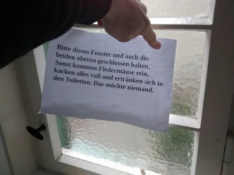 Schild warnt vor Fledermäusen, die sich in den Toiletten ertränken