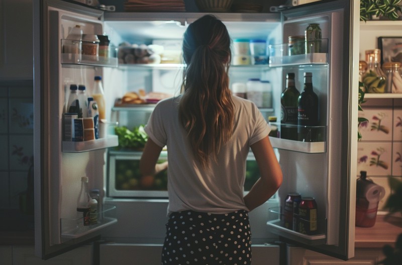 Es ist eine Frau  zu sehen, die im Kühlschrank vielleicht Croutons einfriert, damit sie als Snack essbar sind.