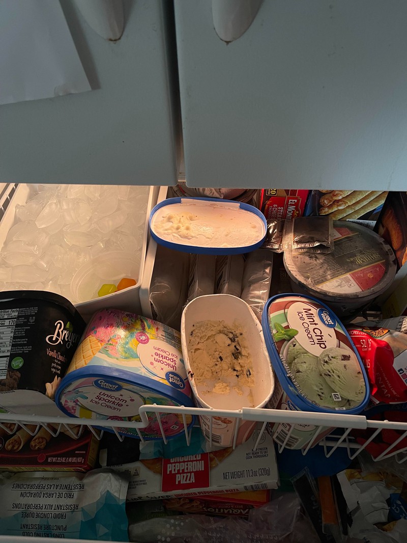 In einer Kühltruhe liegen Eispackungen ohne Deckel