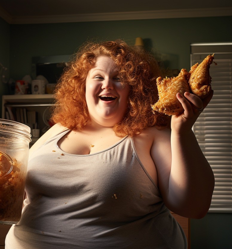 Eine Frau mit roten Haaren isst Fried Chicken und freut sich dabei.