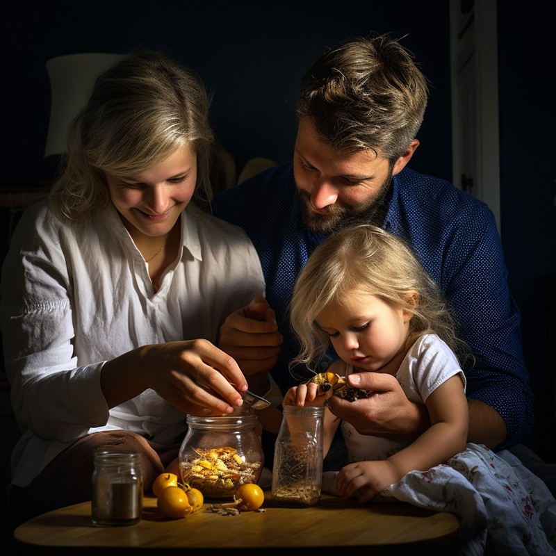 Eltern sind mit ihrem Kind über Gläsern mit Frühstücksessen