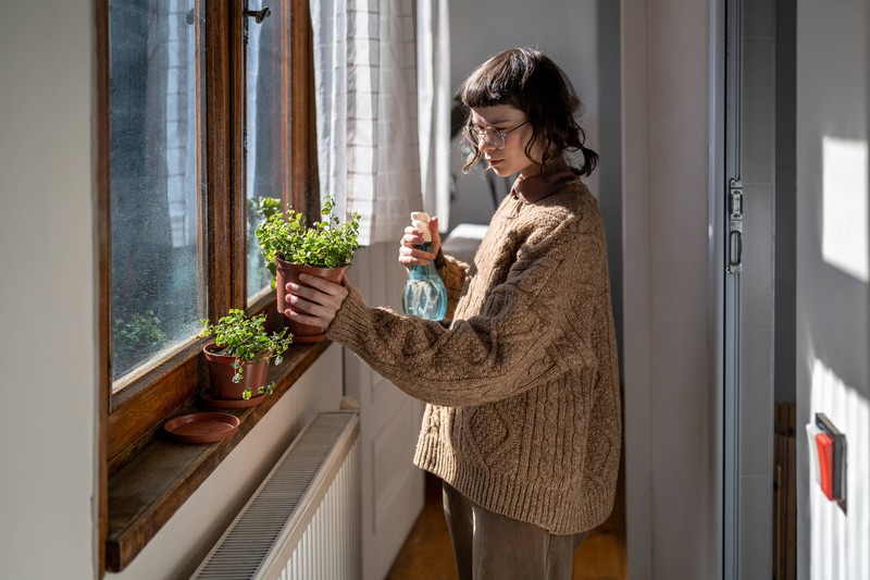 Die Frau wünscht sich einen grünen Daumen, gießt dabei jedoch dummerweise eine Plastikpflanze.