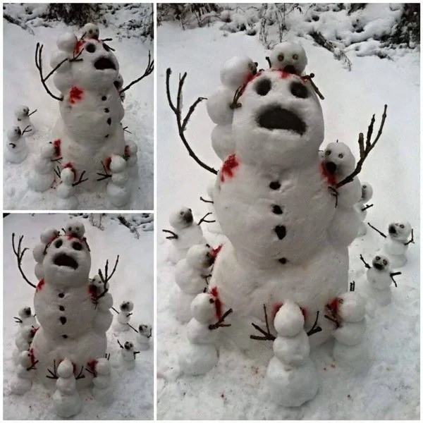 Ein Schneemann wird von anderen kleinen Schneemännern angegriffen. Das gleicht einem Horrorfilm