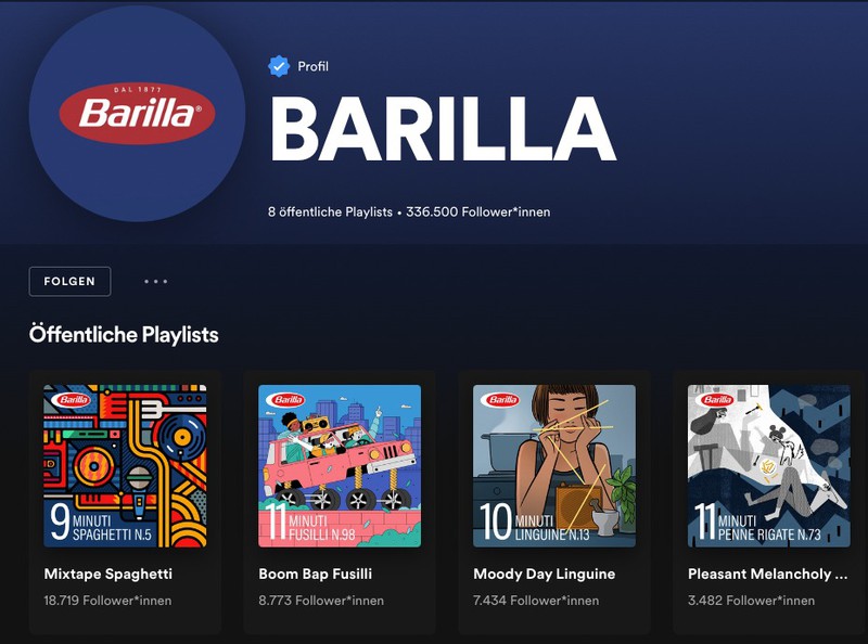 Von Barilla gibt es Playlists auf Spotify, die genauso lang sind wie die Kochzeit der Nudelsorten.