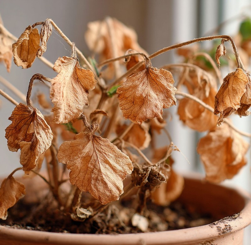 Vertrocknete Zimmerpflanze mit trockenen, gelblichen Blättern in einem Blumentopf.