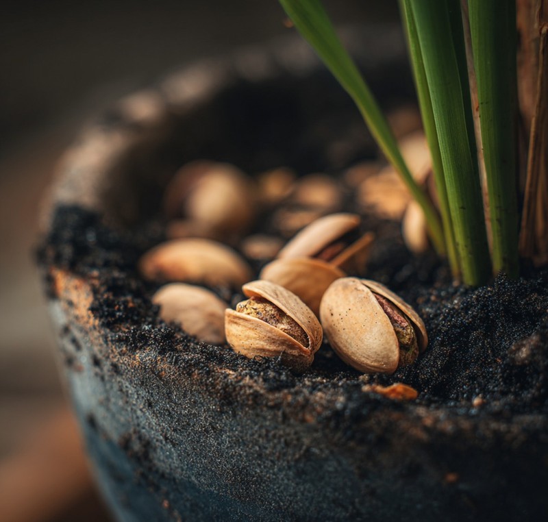 Zimmerpflanze im Blumentopf mit verstreuten Pistazienschalen als natürliche Schicht auf der Erde.