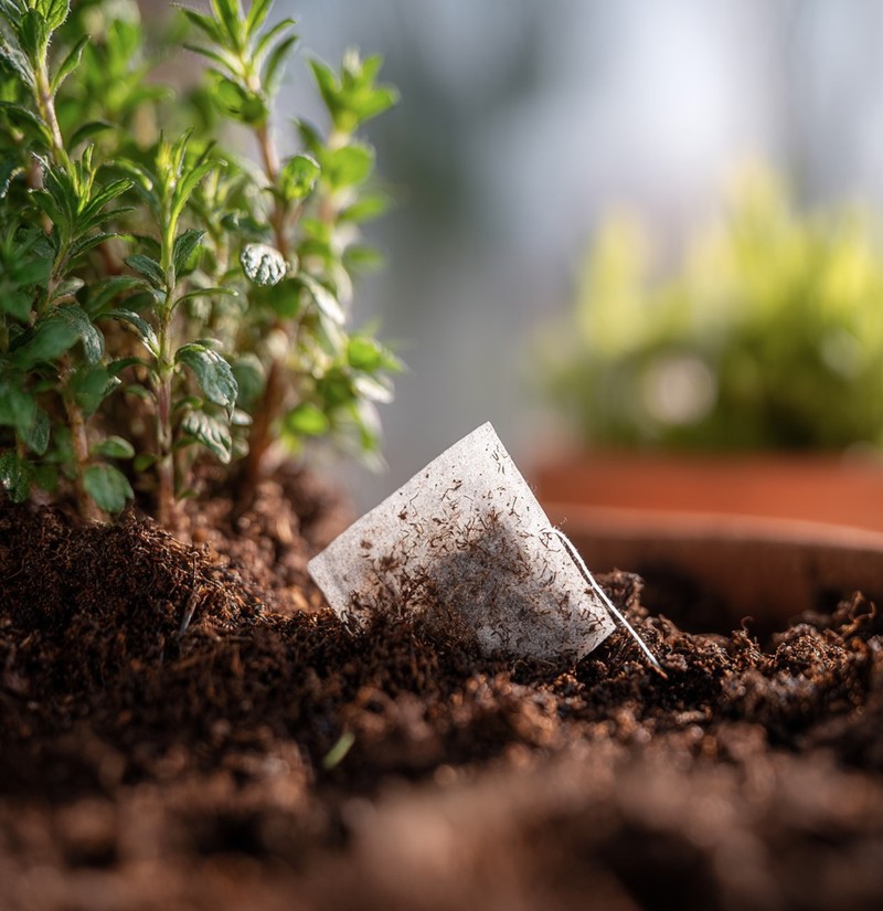 Zimmerpflanze im Topf mit eingegrabenen Teebeuteln in der Erde zur natürlichen Stärkung.