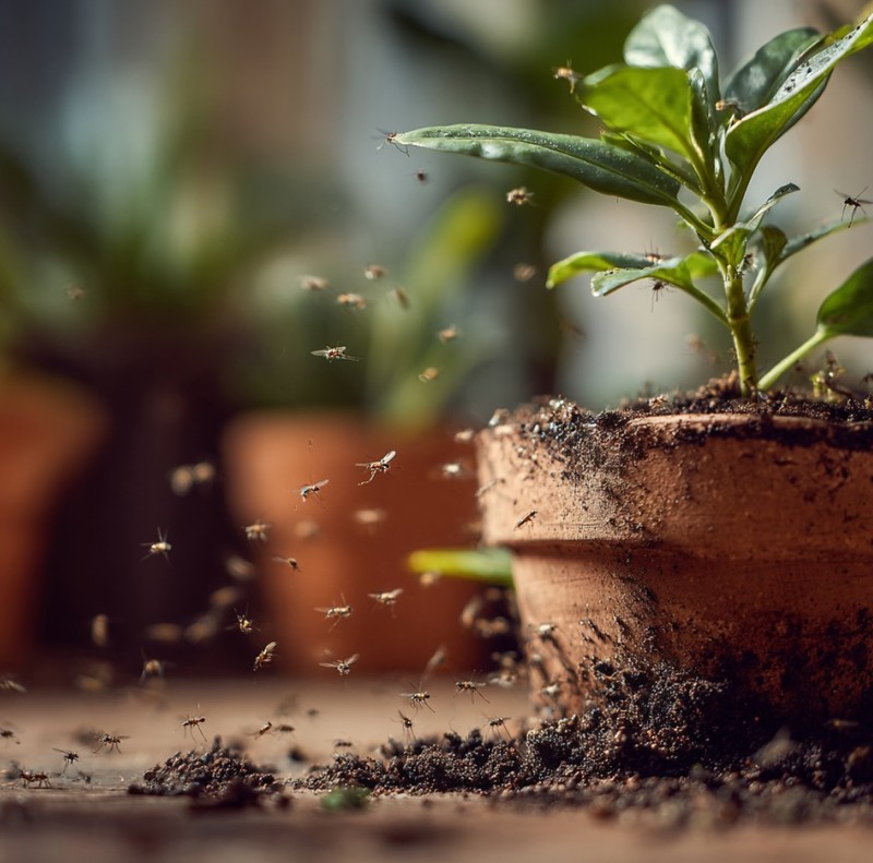 Zimmerpflanze im Topf mit feuchter Erde, umgeben von kleinen Fliegen und Gelbstickern zur Schädlingsbekämpfung.