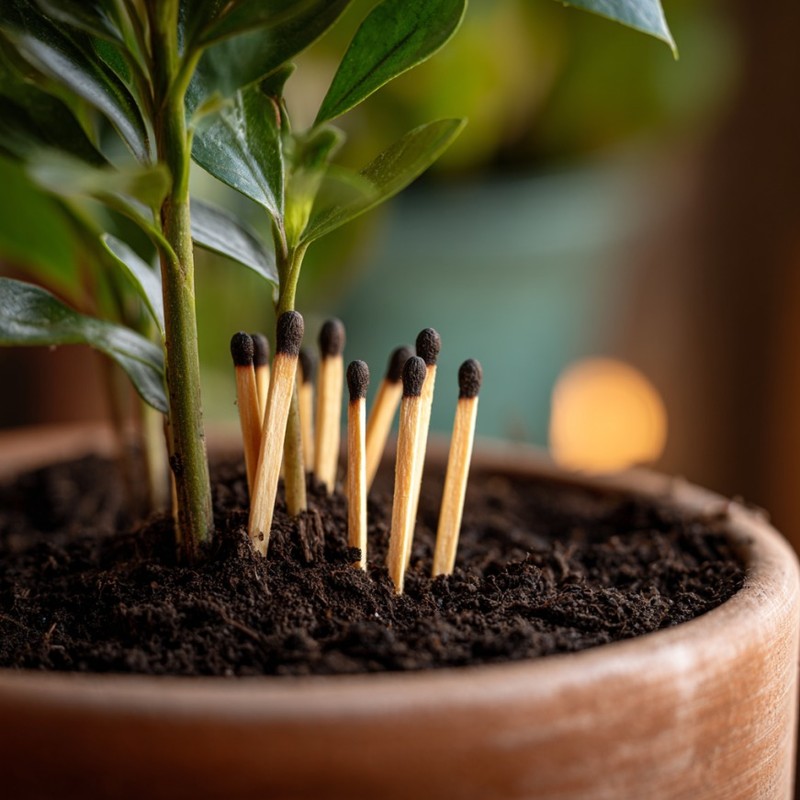 Zimmerpflanze im Topf mit in die Erde gesteckten Streichhölzern als Hausmittel gegen Trauermücken.