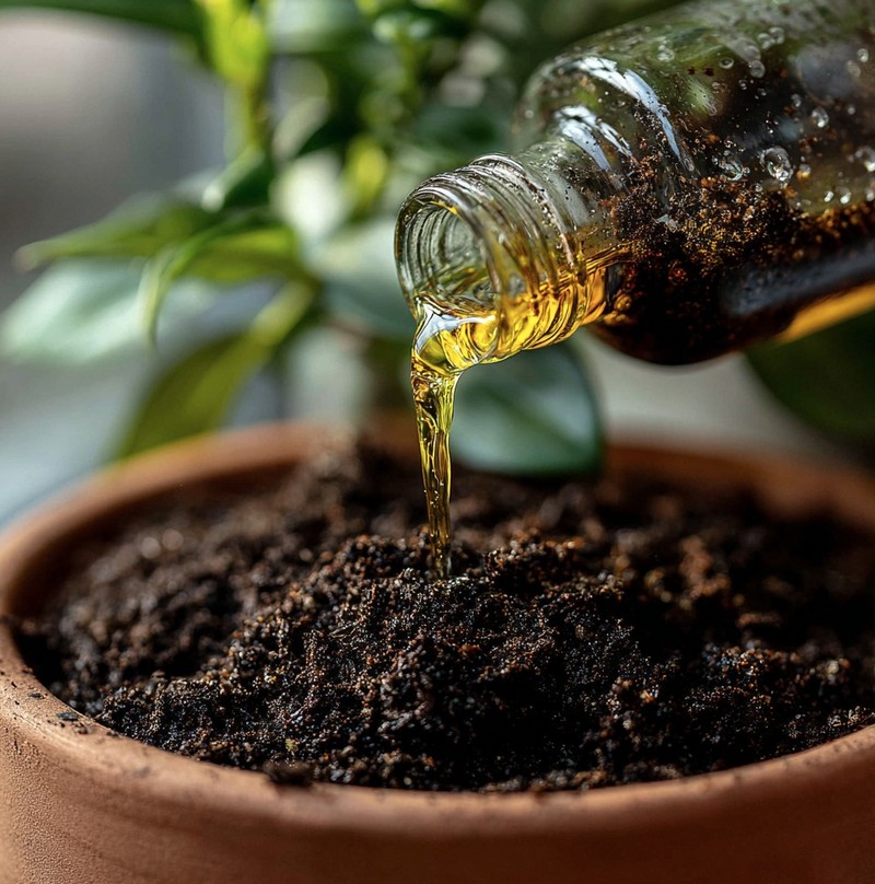 Zimmerpflanze mit glänzenden Blättern, die mit Öl beschüttet werden.