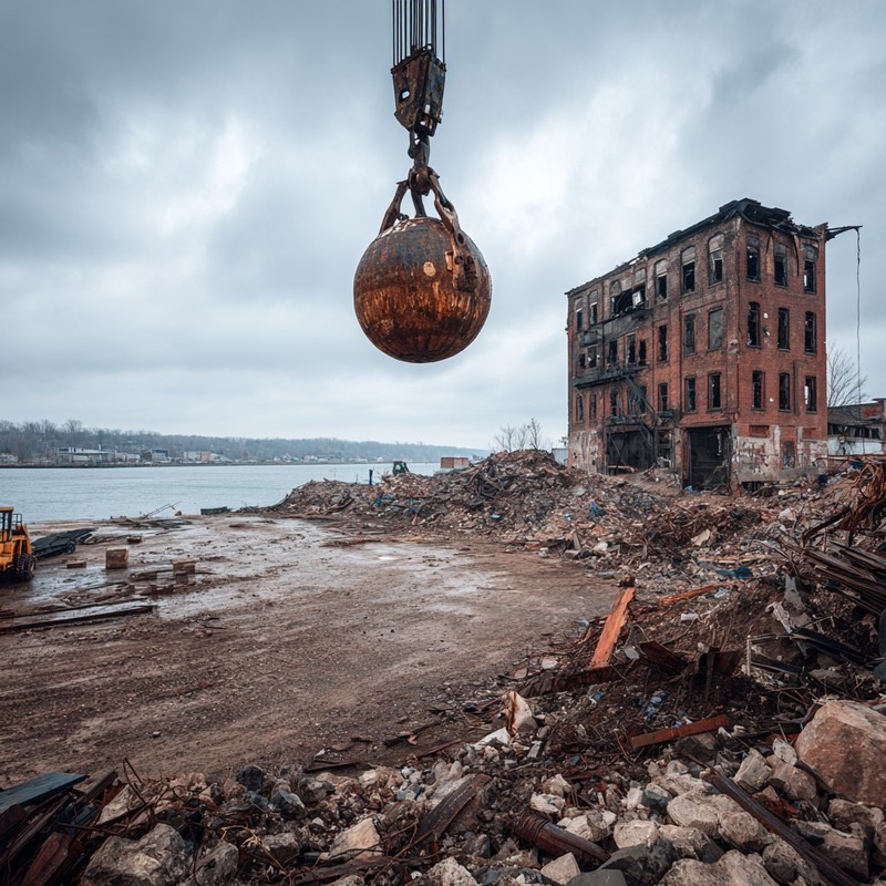 Ein grauer Morgen am Hafen, wo zwischen Trümmern und nebligen Silhouetten von Kränen ein düsteres Geheimnis begraben liegt.