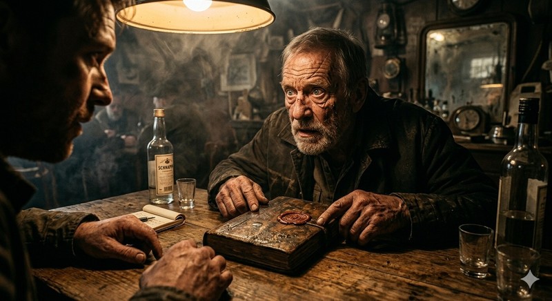 In einer verrauchten Bar trifft der Reporter auf einen Augenzeugen, dessen Blick beim Anblick des Buches augenblicklich versteinert.